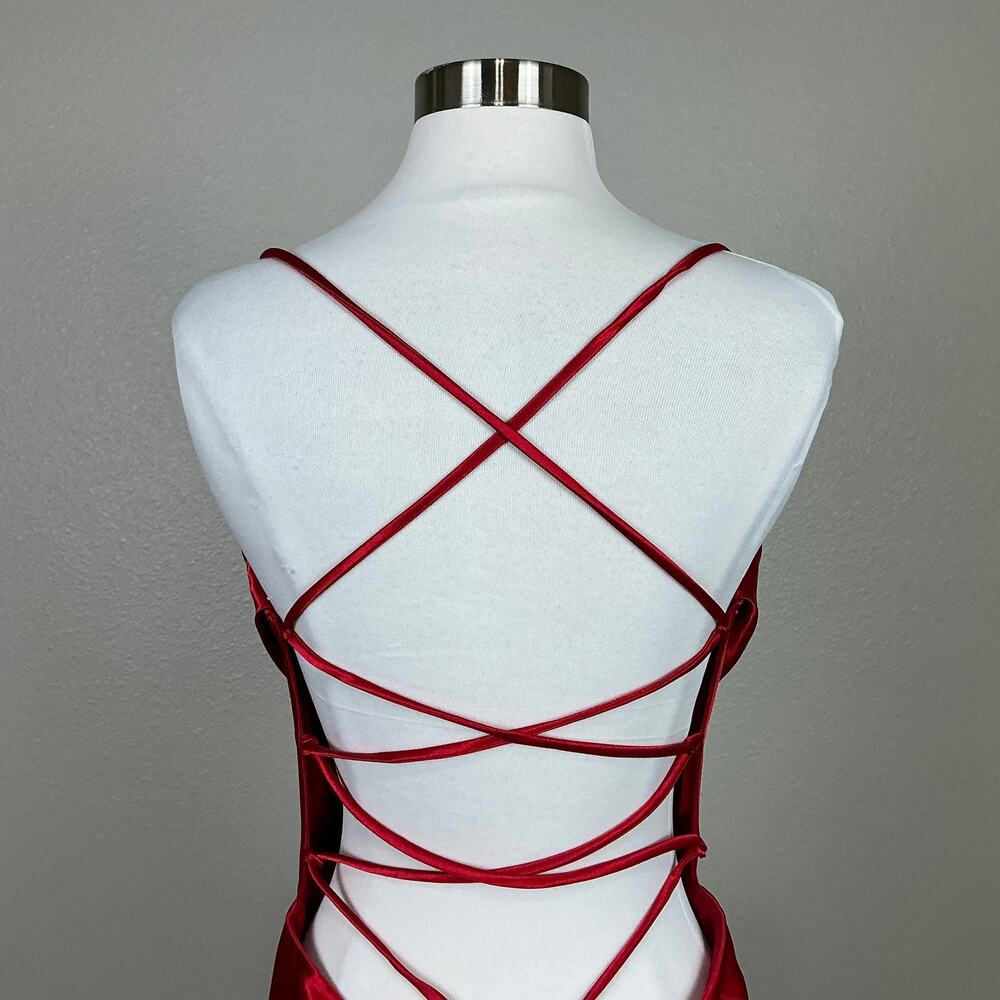 Blondie Nites Red Evening Gown Satin Backless Long Formal Column Dress Size 13 - Picture 9 of 12